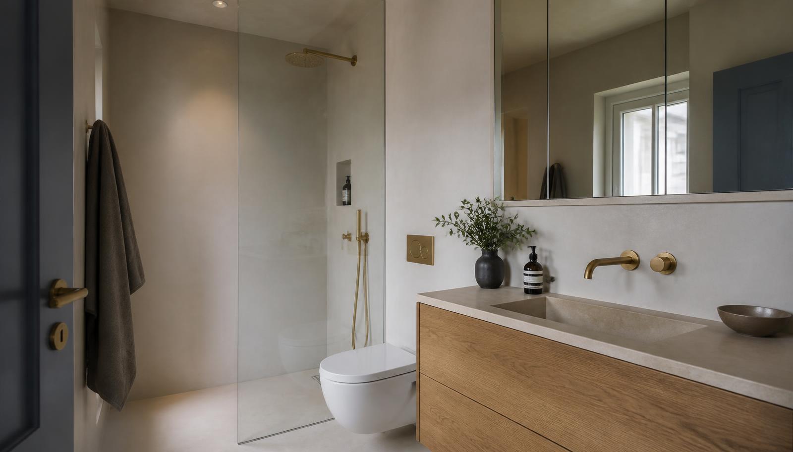 Moderne skandinavisk badeværelse med bruseniche, væghængt toilet og trævask