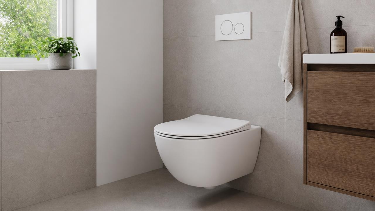VVS'er monterer et væghængt toilet i et badeværelse under renovering